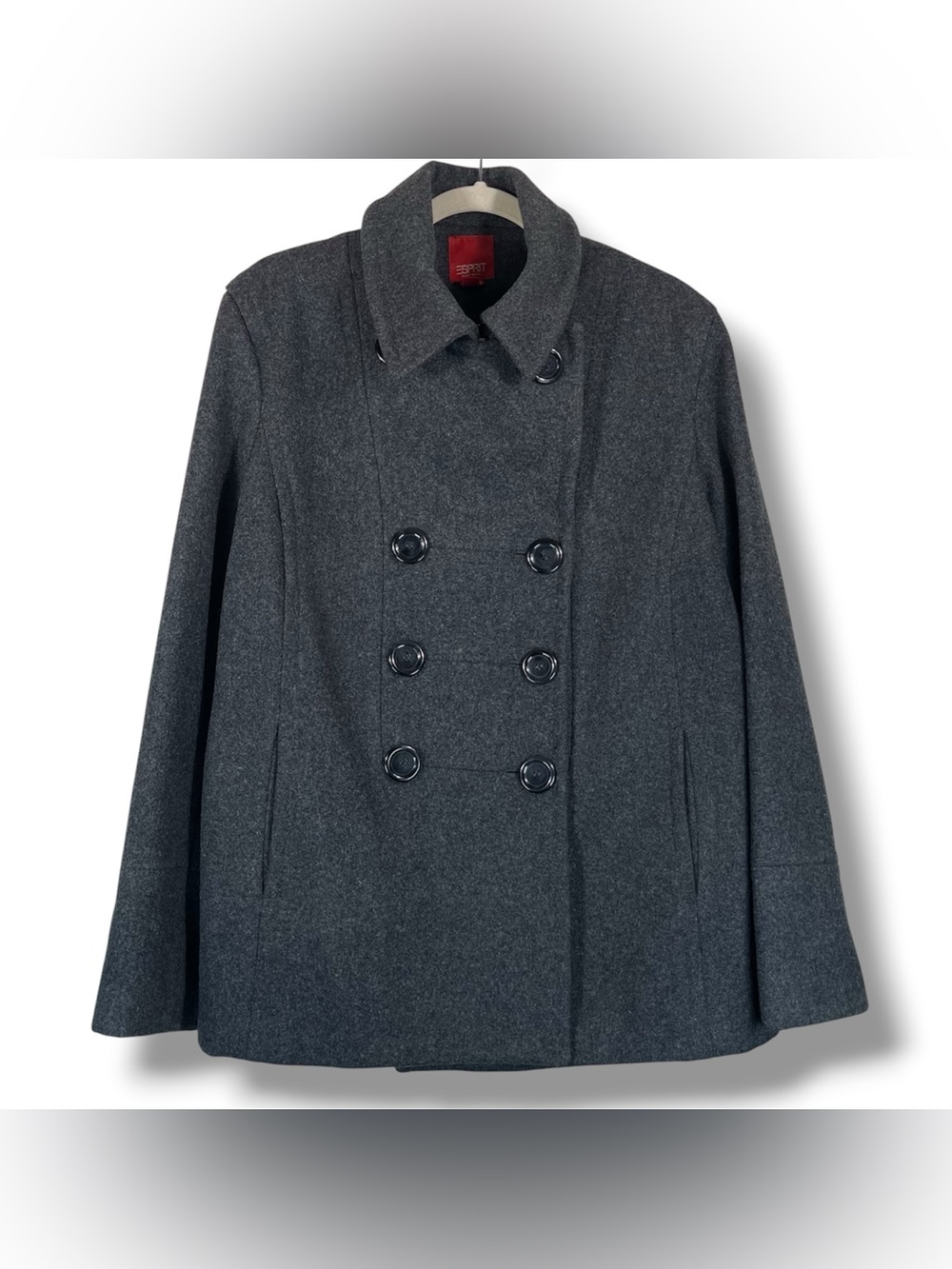 VTG Espirit Gray Wool Pea Coat Jacket Y2K 90’s Office Preppy Quiet Luxury, XL